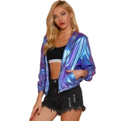 Allegra K Women's Holographic Shiny Long Sleeve Zipper Hooded Metallic Jacket -ActiveMode Sales Store GUEST 033402cd 9c28 4cbe 8c96 2fd2cb059ee5