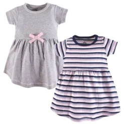 Touched By Nature Baby And Toddler Girl Organic Cotton Short-Sleeve Dresses 2pk, Heather Gray Stripe