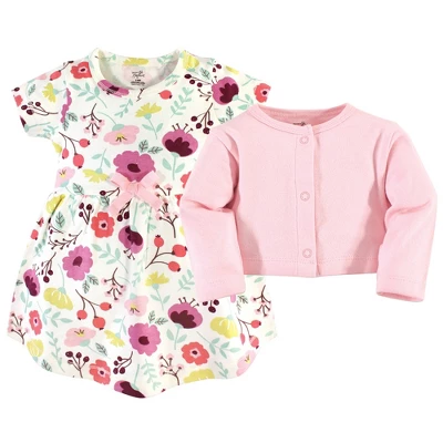 Touched By Nature Baby And Toddler Girl Organic Cotton Dress And Cardigan 2pc Set, Botanical 1 Touched By Nature Baby And Toddler Girl Organic Cotton Dress And Cardigan 2pc Set, Botanical