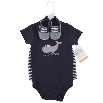Hudson Baby Infant Boy Cotton Bodysuit, Shorts And Shoe 3pc Set, Sailor Whale 1 Hudson Baby Infant Boy Cotton Bodysuit, Shorts And Shoe 3pc Set, Sailor Whale