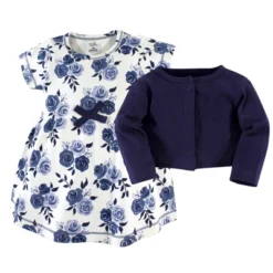 Touched By Nature Baby And Toddler Girl Organic Cotton Dress And Cardigan 2pc Set, Navy Floral