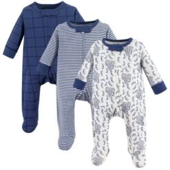 Touched By Nature Baby Boy Organic Cotton Zipper Sleep And Play 3pk, Elephant