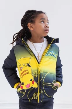 Pokemon Pikachu Zip Up Winter Coat Puffer Jacket Little Kid To Big Kid
