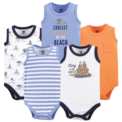 Hudson Baby Infant Boy Cotton Sleeveless Bodysuits 5pk, Sandcastle 4 Hudson Baby Infant Boy Cotton Sleeveless Bodysuits 5pk, Sandcastle - Image 4