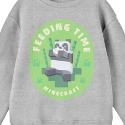 Minecraft Panda Feeding Time Crew Neck Long Sleeve Athletic Heather Boy's Sweatshirt