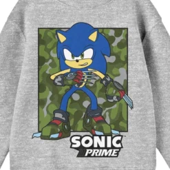 Sonic The Hedgehog Sonic Prime Sonic On Camo Background Crew Neck Long Sleeve Athletic Heather Youth Sweatshirt