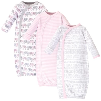 Touched By Nature Baby Girl Organic Cotton Side-Closure Snap Long-Sleeve Gowns 3pk, Pink Gray Elephant 4 Touched By Nature Baby Girl Organic Cotton Side-Closure Snap Long-Sleeve Gowns 3pk, Pink Gray Elephant - Image 4