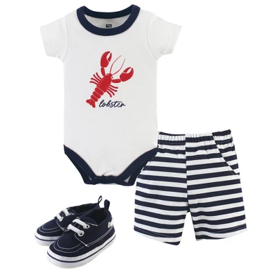 Hudson Baby Infant Boy Cotton Bodysuit, Shorts And Shoe 3pc Set, Lobster 1 Hudson Baby Infant Boy Cotton Bodysuit, Shorts And Shoe 3pc Set, Lobster