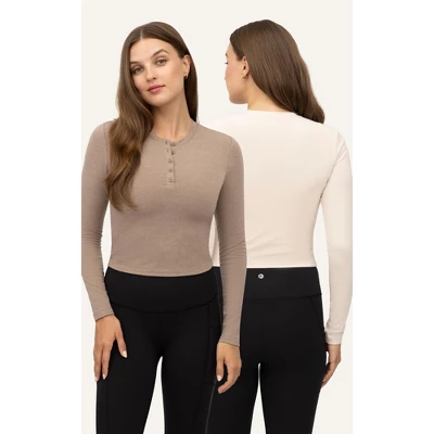 Yogalicious Womens 2 Pack Velvety Heather Valentina Long Sleeve Henley Crop Top 5 Yogalicious Womens 2 Pack Velvety Heather Valentina Long Sleeve Henley Crop Top - Image 5