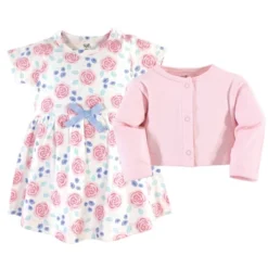 Touched By Nature Baby And Toddler Girl Organic Cotton Dress And Cardigan 2pc Set, Pink Rose