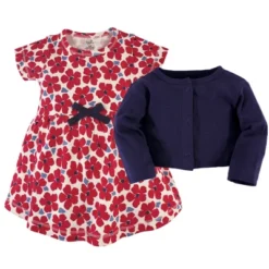 Touched By Nature Baby And Toddler Girl Organic Cotton Dress And Cardigan 2pc Set, Red Flowers