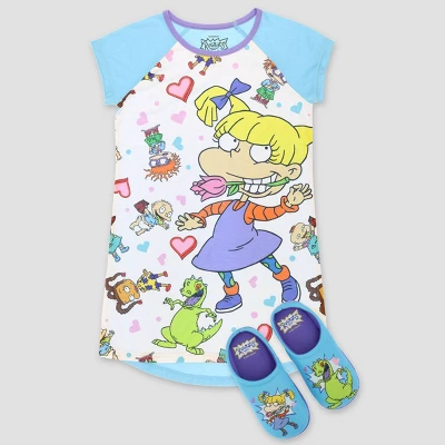 Girls' Rugrats NightGown With Slippers - Blue/White 3 Girls' Rugrats NightGown With Slippers - Blue/White - Image 3