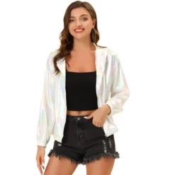 Allegra K Women's Holographic Shiny Long Sleeve Zipper Hooded Metallic Jacket -ActiveMode Sales Store GUEST d2c88324 369c 4f37 8e20 986e8a68764a