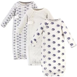 Touched By Nature Baby Boy Organic Cotton Zipper Long-Sleeve Gowns 3pk, Hedgehog Side Zipper