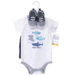 Hudson Baby Infant Boy Cotton Bodysuit, Shorts And Shoe 3pc Set, Shark Expert