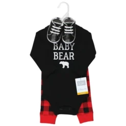 Hudson Baby Unisex Baby Cotton Bodysuit, Pant And Shoe Set, Buffalo Plaid Baby Bear